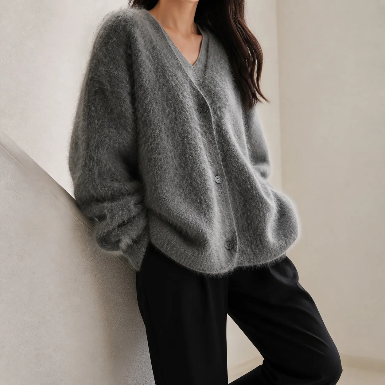 Women's Winter Clothing Long Sleeve V Neck Loose Fit Solid Color Cardigan with Three Button Medium Weight Oversized Drop