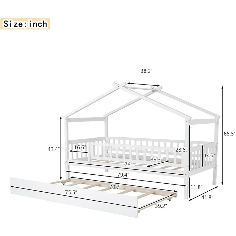 Twin Size Wooden House Bed with Twin Size Trundle for Kids, Wood Platform Bed Frame with Fence, Roof, and Safety Guardrail