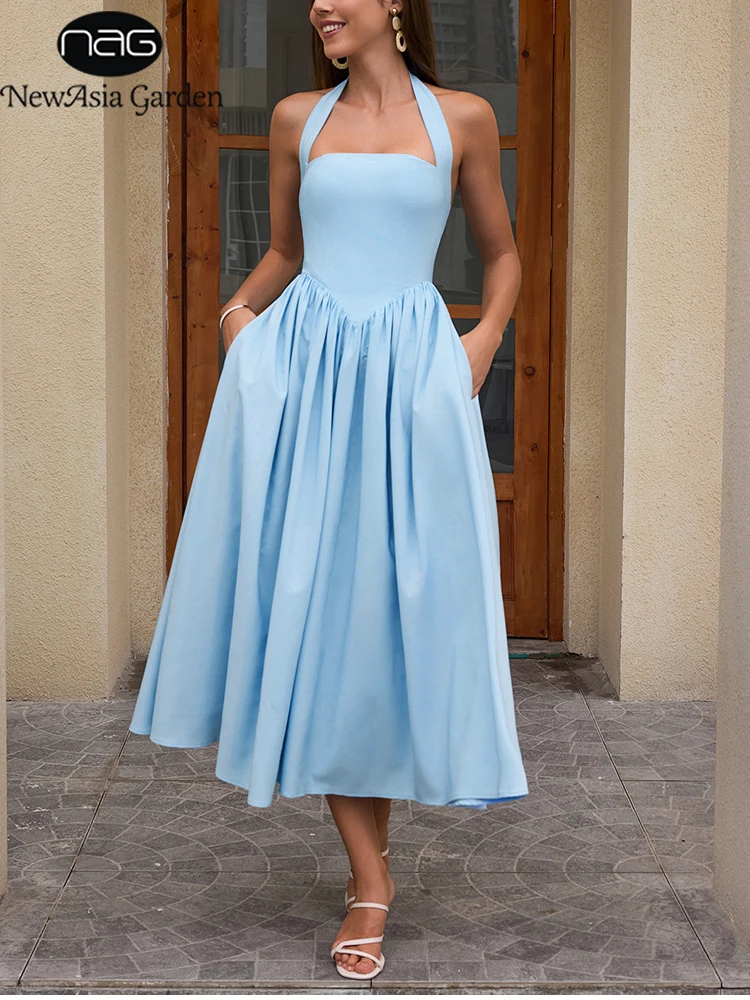 NewAsia Damen Blaues Neckholder-Kleid mit Plissee, A-Linie, Rückenfrei, mit Taschen, Sommer Hochzeitsgast Party Strandkleid 2026