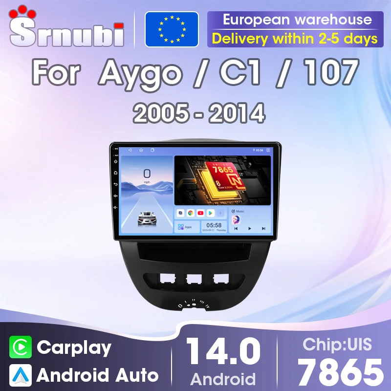 Srnubi Wireless Carplay Android Auto GPS Navigation Multimedia Video Player Car Radio 10 inch For Peugeot 107 Toyota Aygo Citroen C1 2005-2014, 2 Din Head Unit with QLED Screen Support SWC, 8-Core UIS7865 DSP Bluetooth 5.4
