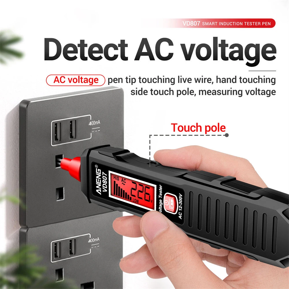 VD807-1 Palavra Indução Portátil Inteligente Testador De Caneta Elétrica, NCV Sensor, Ferramentas De Detector De Fio Sem Contato, 50Hz, 60Hz, 12-300V