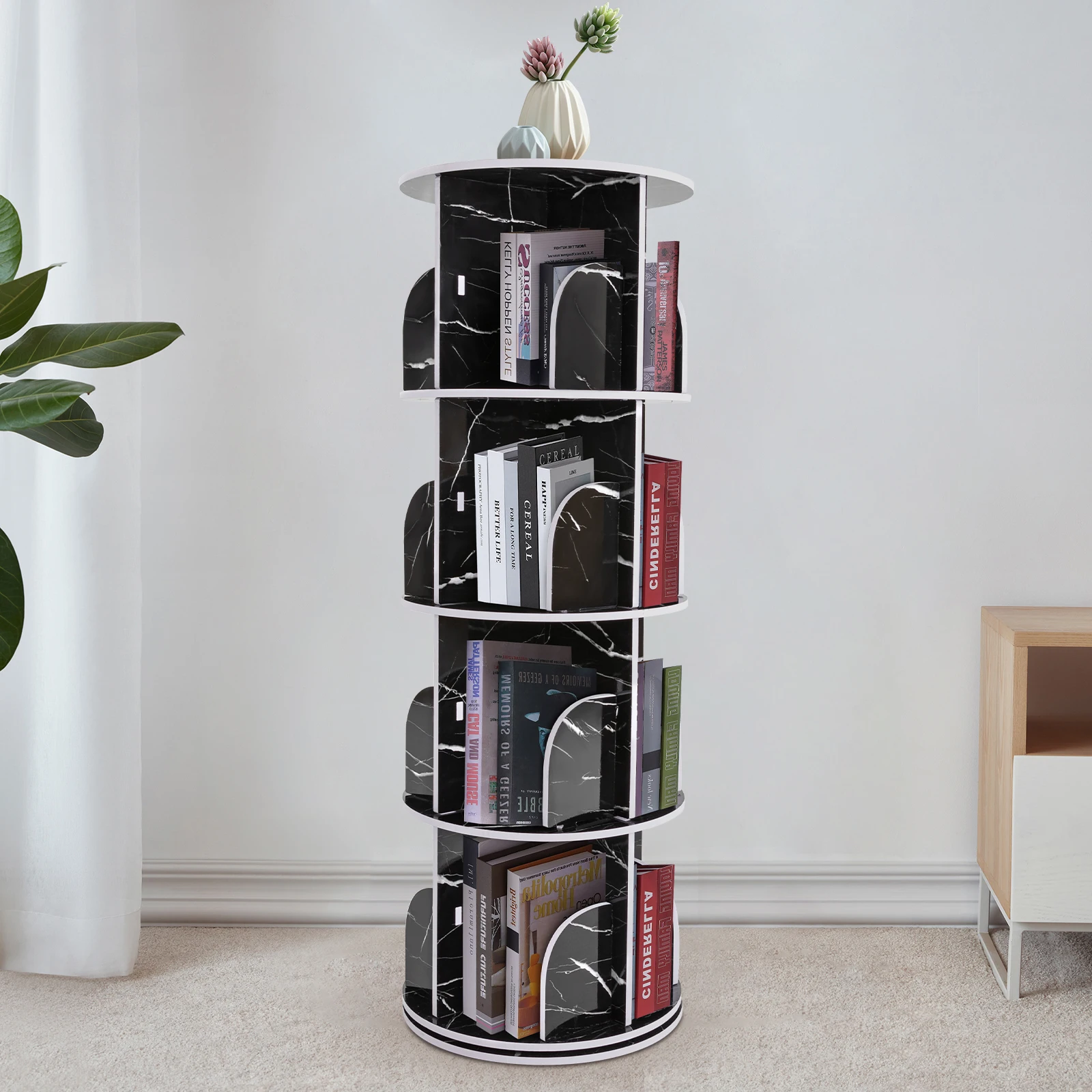 Stylish 360° Rotating Desktop Bookshelf, 4 Tiers, 16 Compartments, PVC Wood-Plastic Composite, Space-Saving Design for Home &