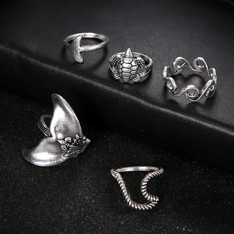 1 Set Boho Women Rings Set Geometric Turtle Whale Tail Waves Ring Charm Waves Rings Lady Jewelry Lover Gift Metal  Fashion