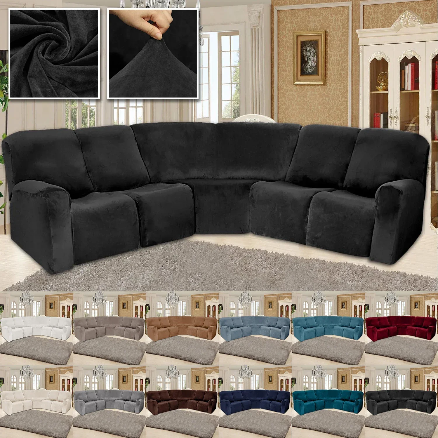 

7-Piece 5 Seater L Shape Velvet Stretch Recliner Corner Sofa Covers for Sectional Sofa Set Reclining L Shape Sofa Slipcovers