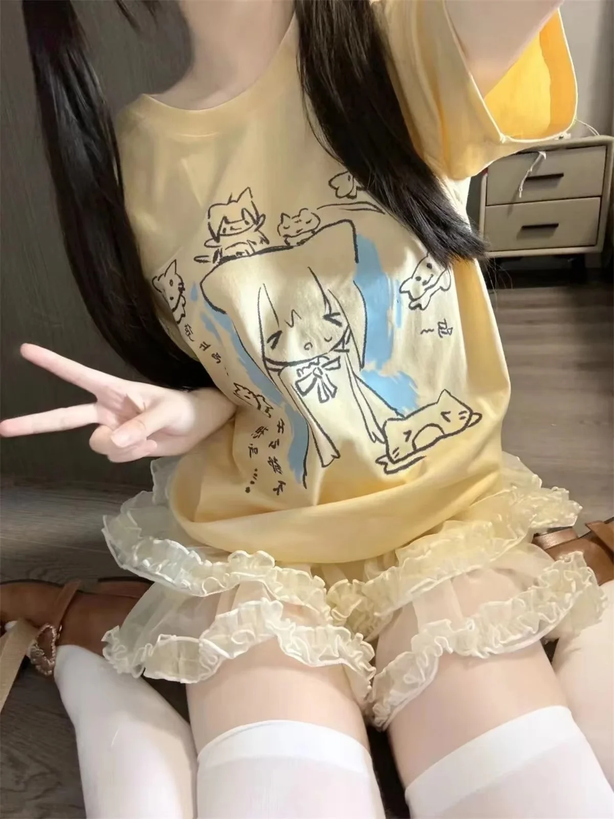 Y2K Cute Cartoon Character Cat Printed Loose Short Sleeve T-shirt Large Japanese Atmosphere Summer Casual Home Trendy Top
