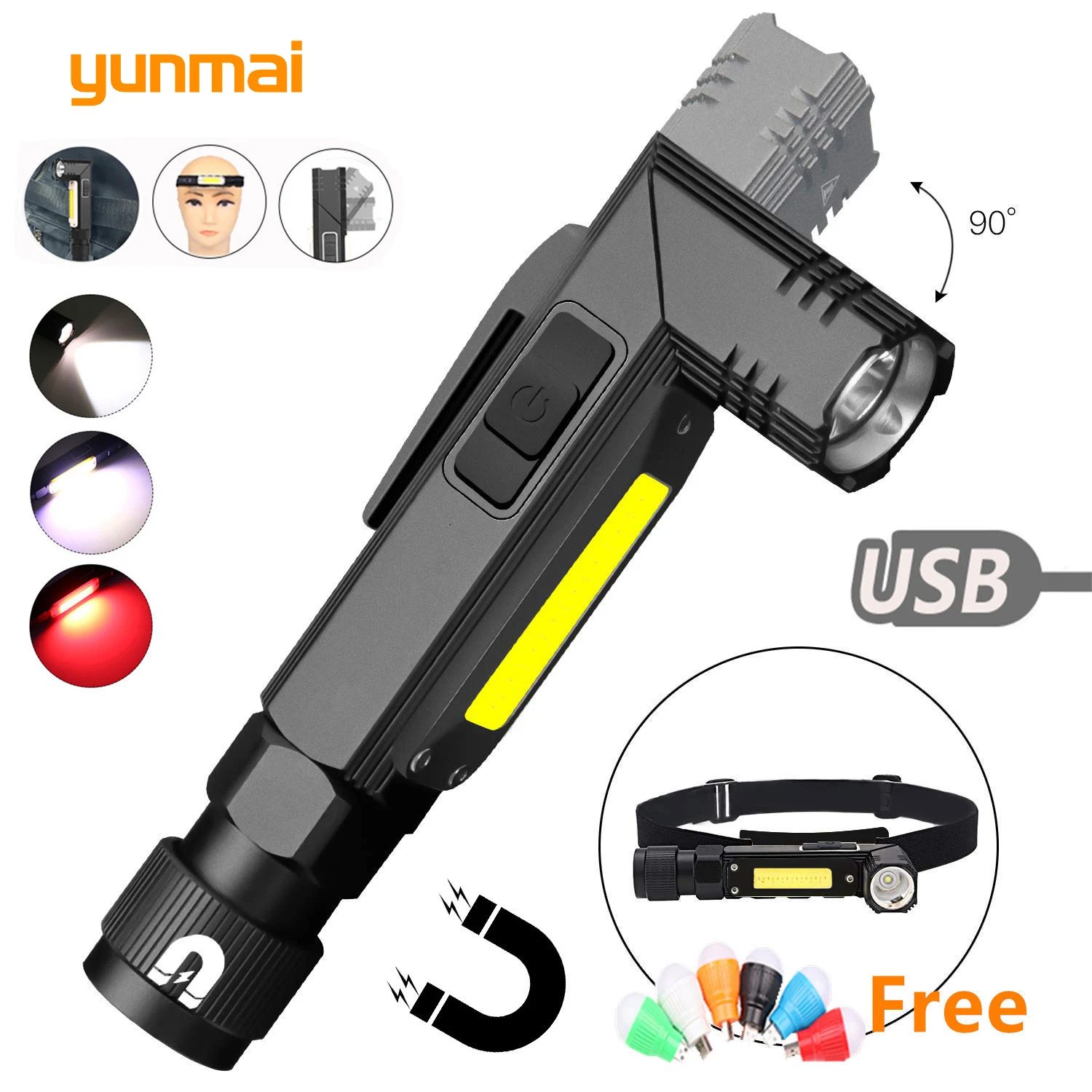 1600LM Handfree Tactical Flashlight Dual Fuel 90 Degree Twist Rotary Clip Rechargeable Super Bright 5 Modes LED Torch Outdoor