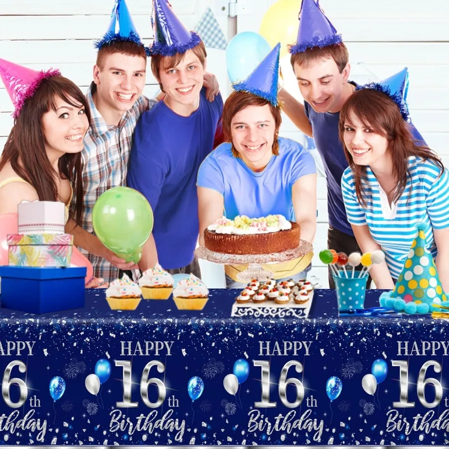 Nappe jetable pour 16e anniversaire, 3 pièces, argent bleu, décorations joyeux anniversaire pour garçon de 16 ans, fournitures de fête d'anniversaire