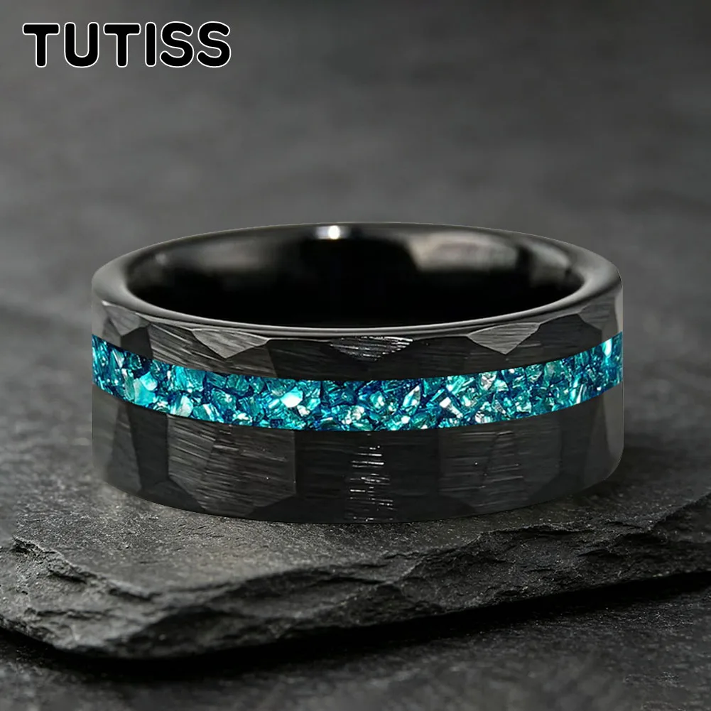 TUTISS 6/8mm Hammered Offset Groove Inlaid Blue Crystal Stone Tungsten Carbide Ring, Couple Ring, Anniversary Commemorative Ring view 6