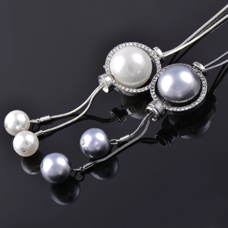 SINLEERY Elegant White Grey Pearl Ball Tassels Pendant Long Necklace Silver Color Chain For Women Fashion Jewelry