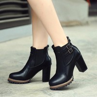 New Fall Retro Thick Heel Leather Strap Short Boots Korean Style Women High Heel Elastic Ankle Boots