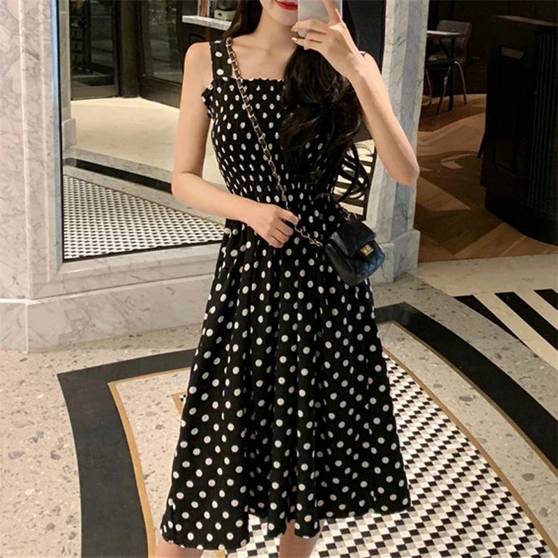 Damen Sommer Polka Dot Chiffon Langes Kleid Elegantes Quadratischer Ausschnitt Ärmelloses Kleid Lässige Damenkleider – Detail 20