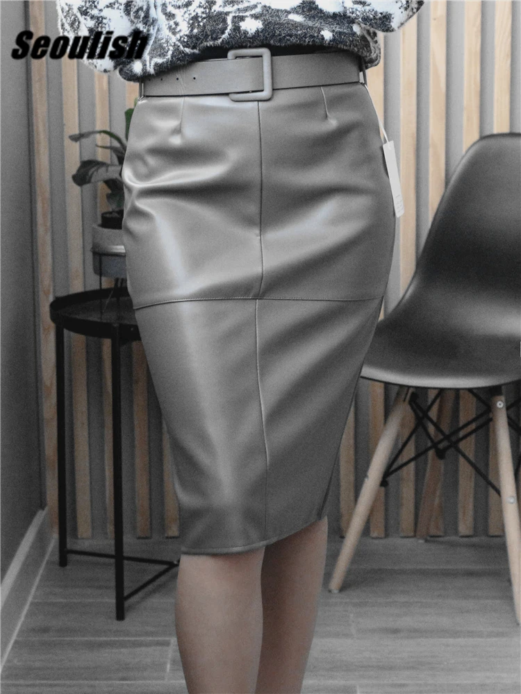 Seoulish gonne longuette avvolgenti in pelle PU alla moda con cintura 2023 nuove donne a vita alta guaina matita indietro gonne divise autunno inverno