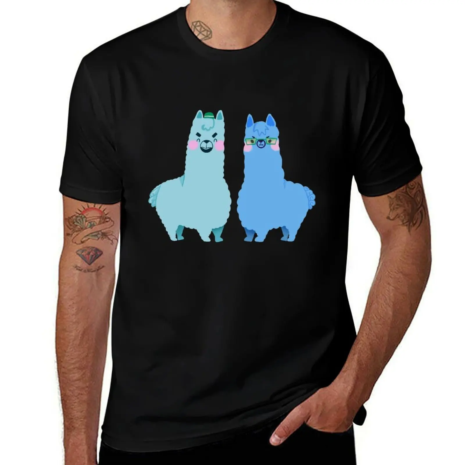 Llama/Alpaca - Cute Green and Blue Cartoon Animal Pattern T-Shirt Casual Daily Outfit T-Shirt