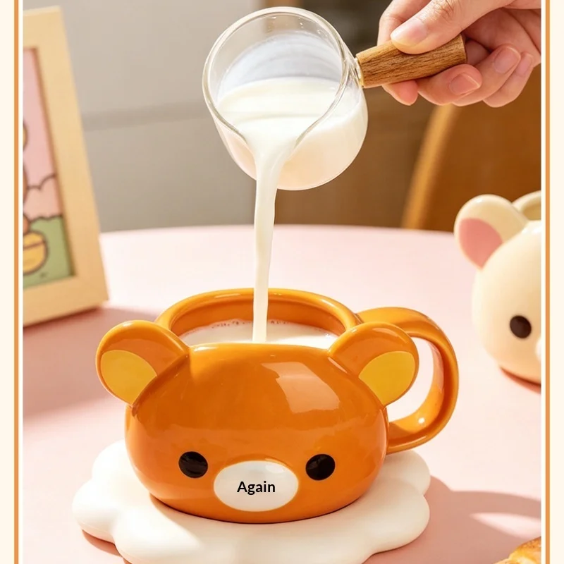 New Rilakkuma Ceramic Mug Cartoon Bear Shaped Coffee Milk Cup With Coaster Set For Couple Daily Home Office Gift Use view 4