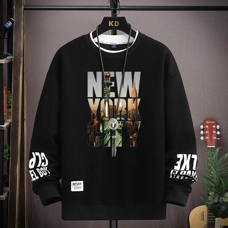 American Men Sweatshirts New York Printed Long Sleeve T-shirt Fashion Men's Clothing Khaki Casual O Neck Hip Hop Top 2024 New