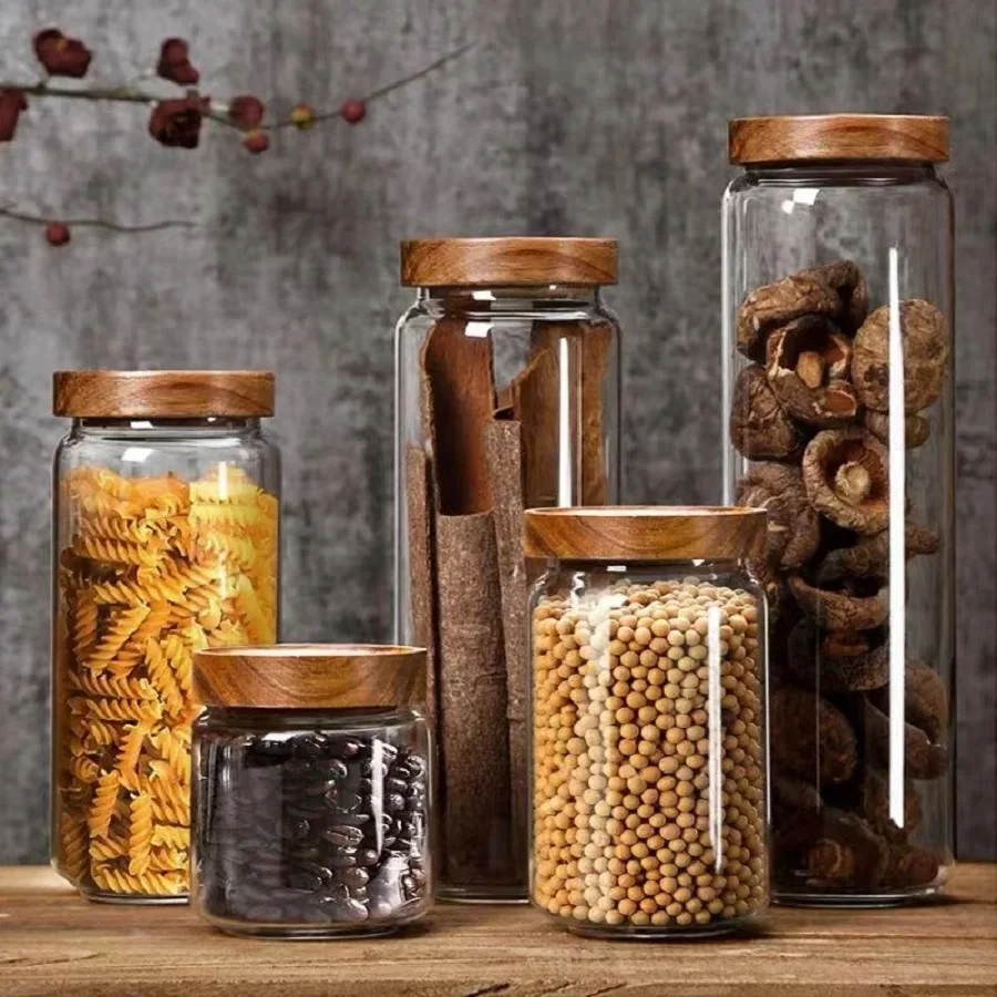 1 PC Small Glass Storage Jars with Airtight Lids,  coffee container with Wooden Lid, Glass Pantry Canister for Beans, Rice,Sugar