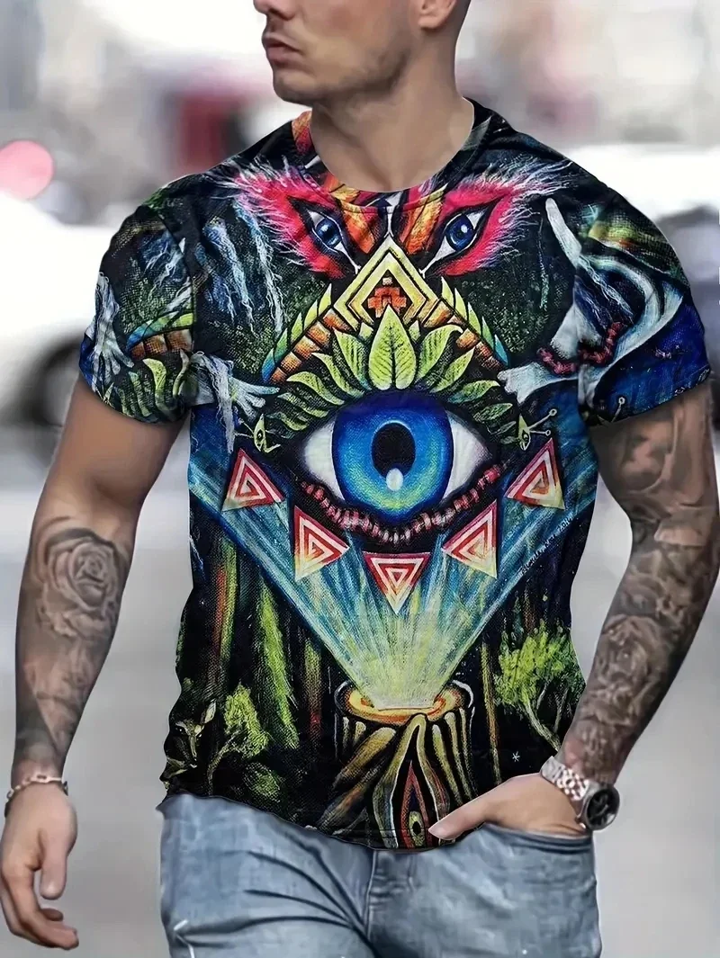 

2024 Summer Casual Retro T-shirt Men 3D Devil's Eyes Printed O-neck Short Sleeve Top Loose Oversized Street Hip Hop Fashion Top