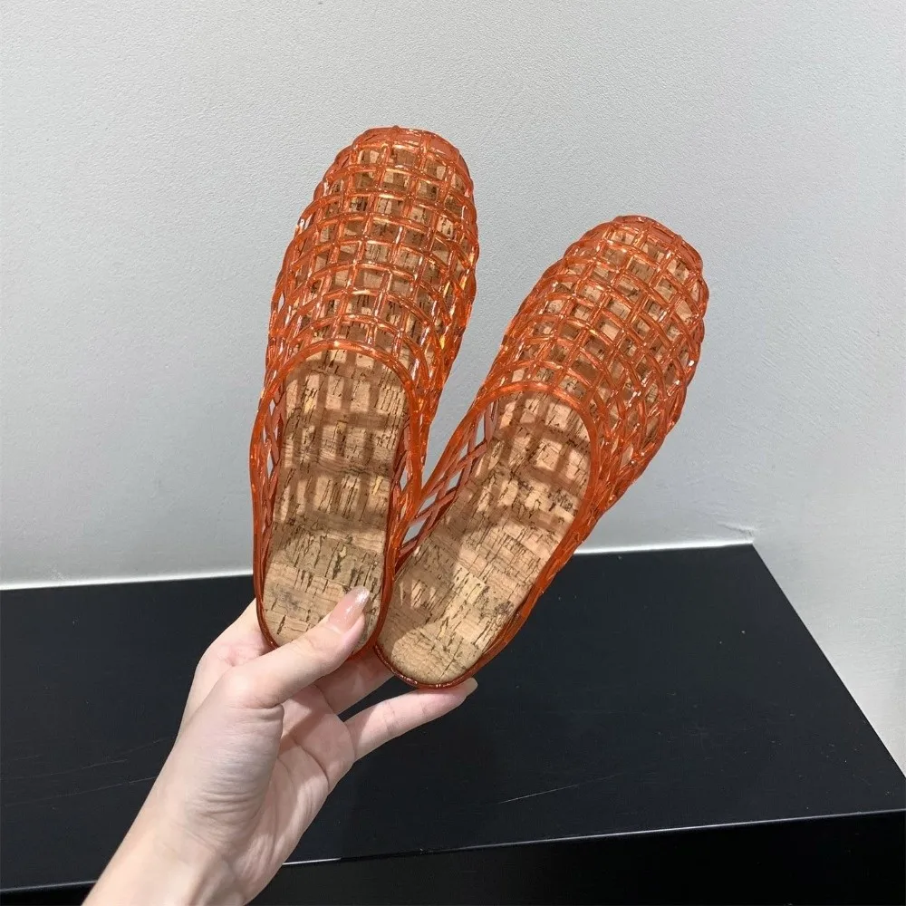 Round Toe PVC Crystal Slippers Soft Transparent Fishing Net Jelly Sandals Non-Slip Flat Low Bottom DIY Shoes Charms Shoes Girls view 3