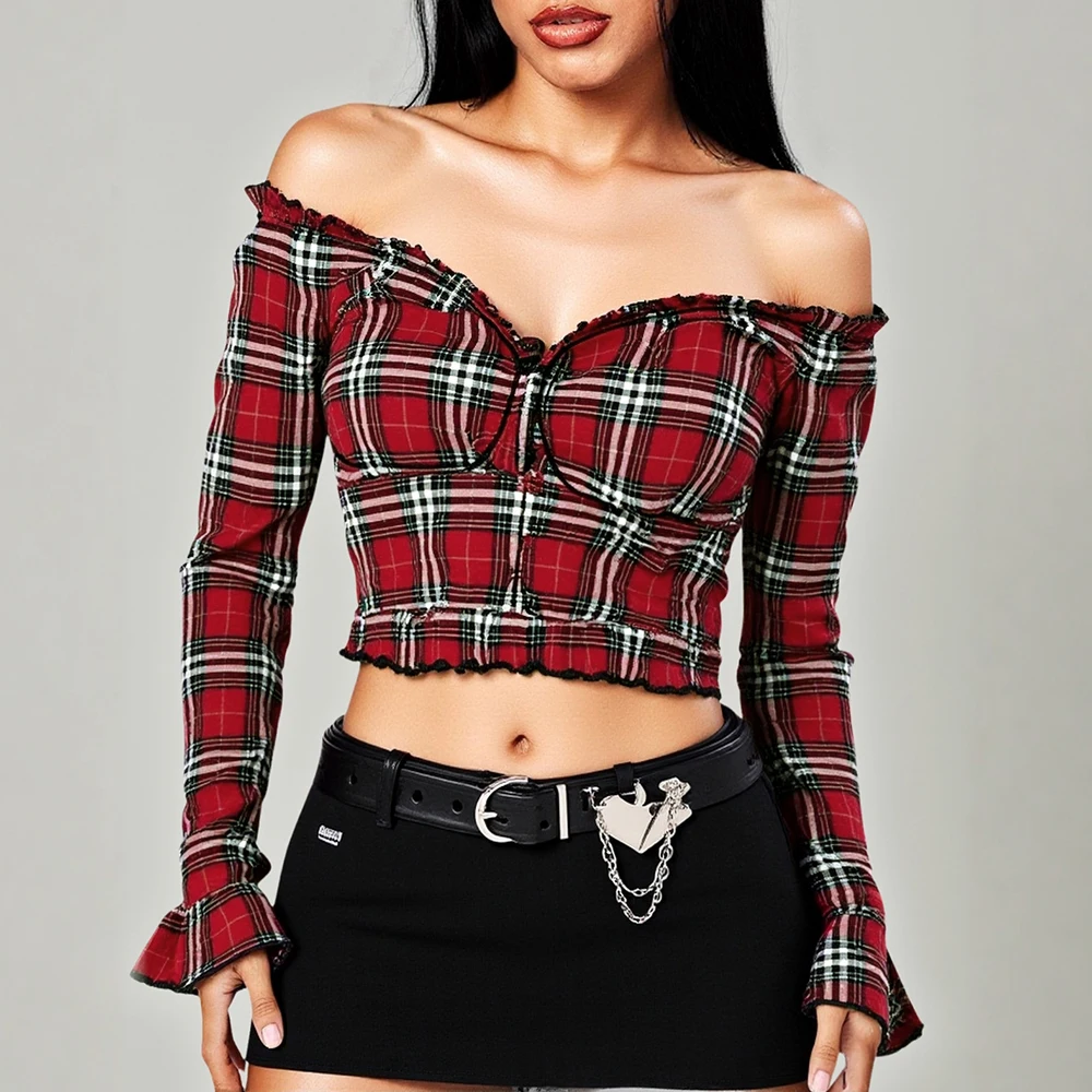 

Mia Muse Boutique Women's Blouses Autumn 2025 Fashion Basics Plaid Stripes Long Sleeve Off Shoulder Slim Fit Cropped Blouses