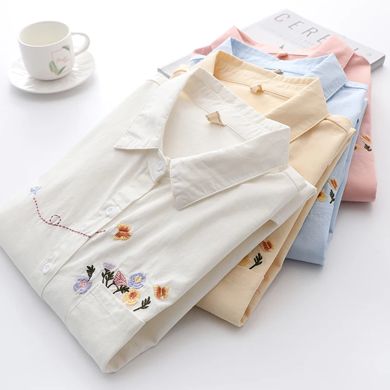 Embroidered Shirts Women Japanese Style Autumn Spring White Blouses Long Sleeve Lady Tops Fresh Looking