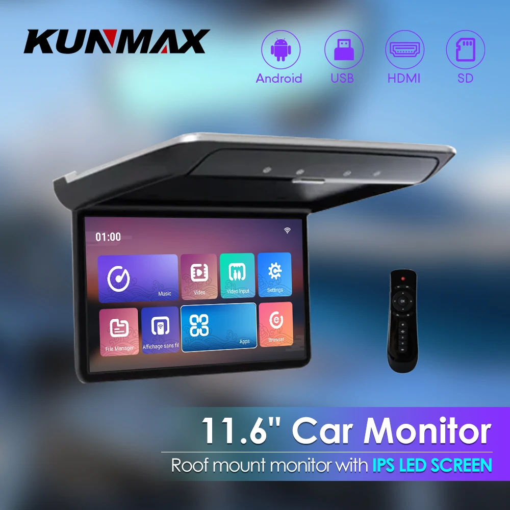 11.6 Inch Car Roof Monitor TV Flip Down 1080P Video HD Screen IPS Touch Button With 16-color Ambient Light SD HDMI FM Android 10