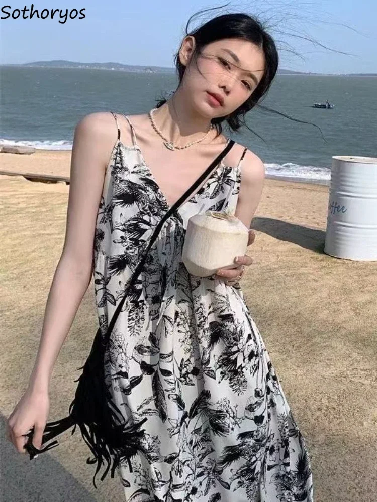 

Dresses Women V-neck Vintage Prints Casual Sleeveless Holiday Sundress Fashion Sexy Ulzzang Simple Baggy Summer Midi Vestidos