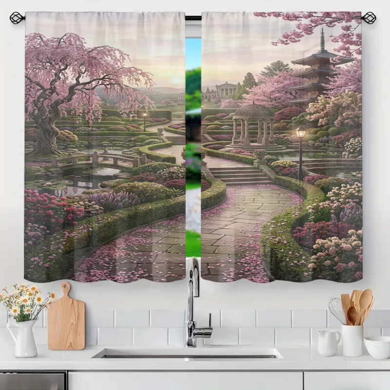 Decorative Japanese Zen Garden Curtain Window Drapes Cherry Blossom Sakura Floral Nature Scene Window Treatment for Tension Rod