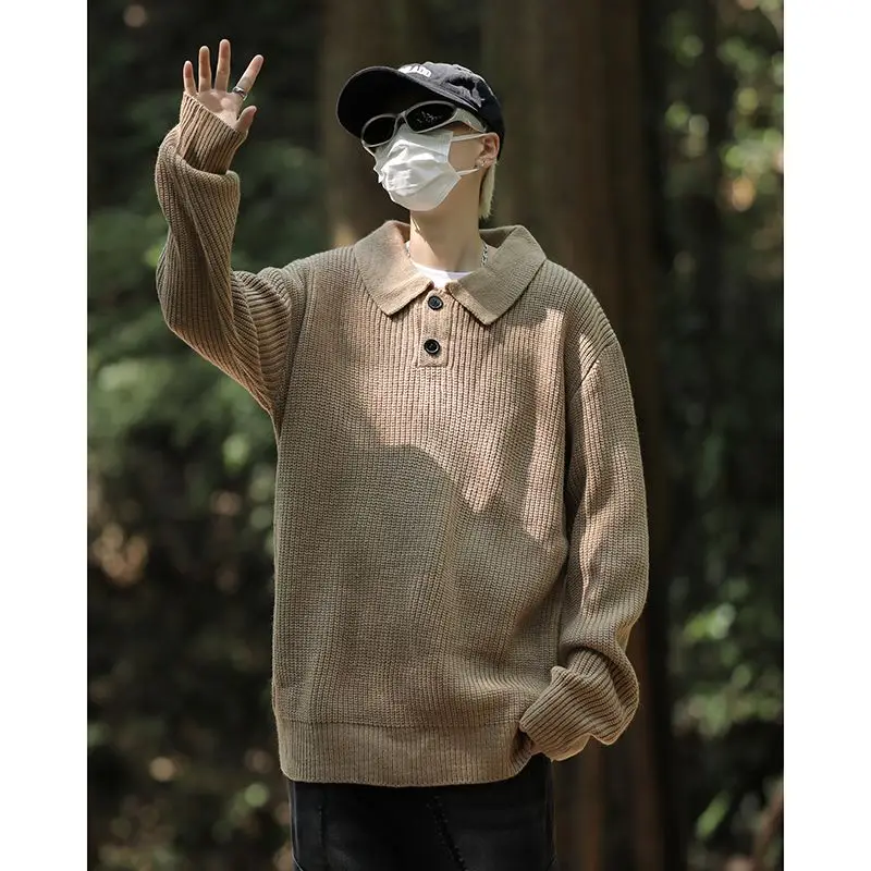 

Свободный мужской вязаный свитер Long Sve, однотонный воротник, зимнее модное повседневное верхнее пальто из полиэфирного волокна, мягкий стандартный крой