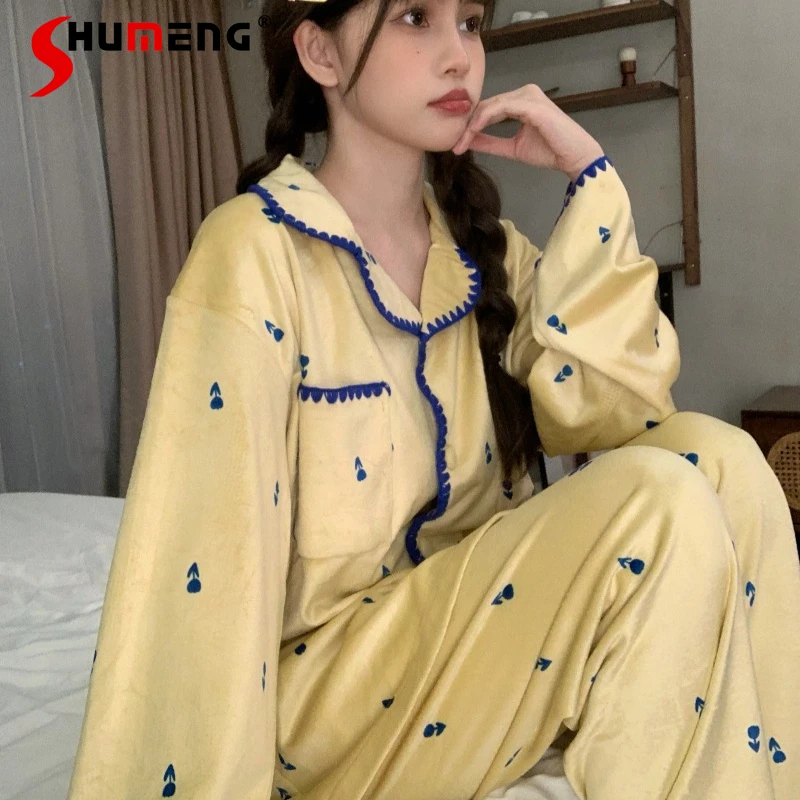 

Cute Wearable Warm Fleece Homewear Set Women Autumn Winter Velvet Pajamas Female Japanese Style Sweet Thickened Sleep Suits