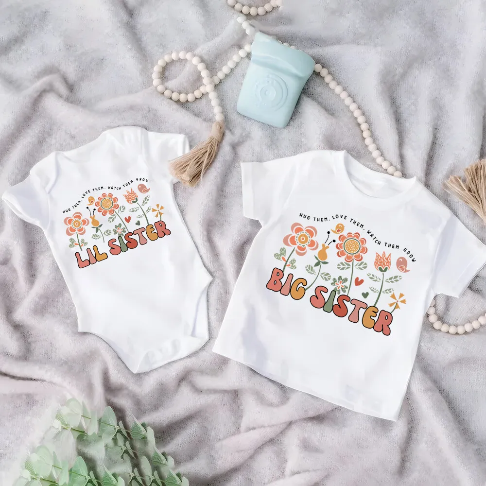 Big Sister/Little Sister&flower Print Girls Family Outfits Short Sleeve Kids T-shirt+baby Romper Cute Fashion Sister Outfits