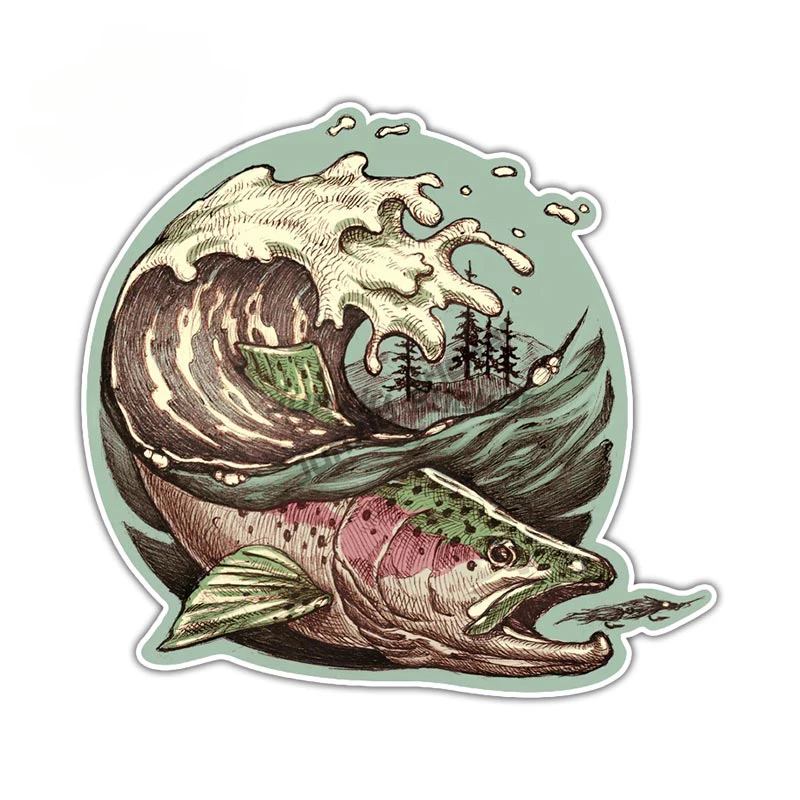 Wild Brown Trout Wave Decal Fishing Retro Art Creative Car Styling Kayak Car Bumper Decals Trout Fishing Car Stickers