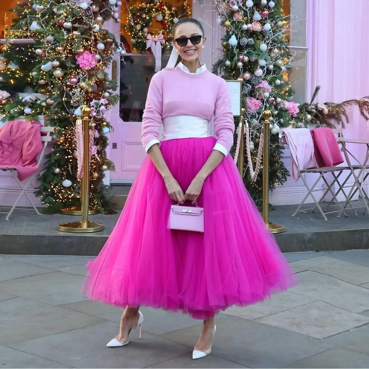 Faldas largas acampanadas de moda urbana para mujer, falda larga de tul rosa intenso, falda multicapa Saias Jupe, falda hasta el tobillo para fiesta