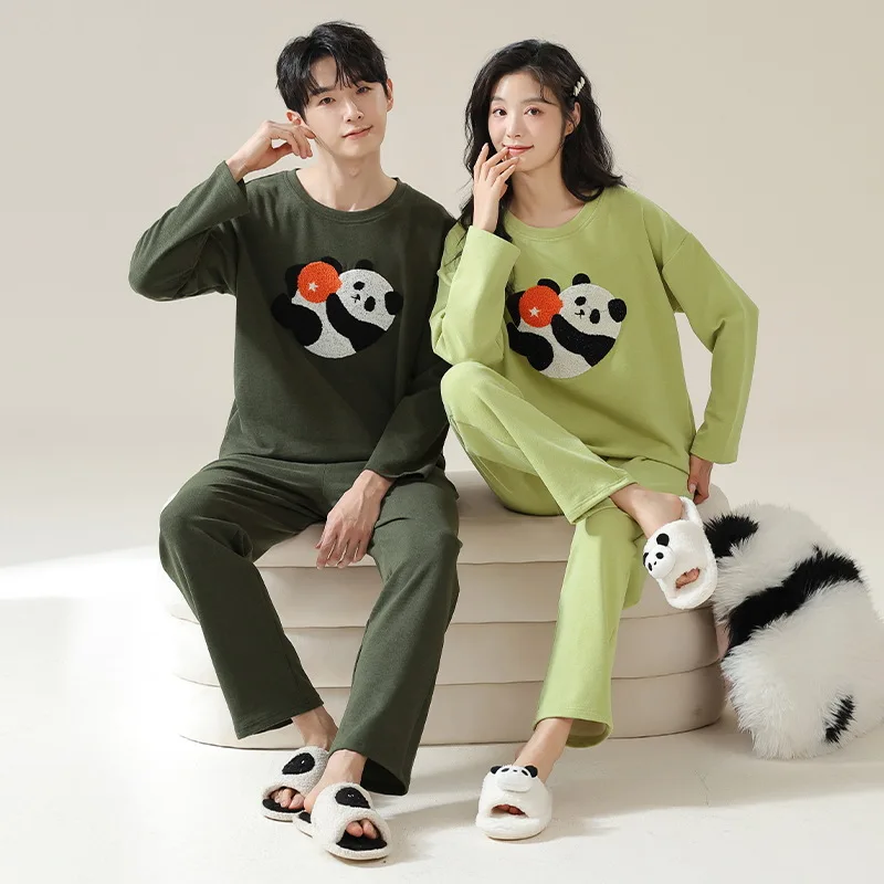 Couple Cartoon Panda Warm Pajamas Women's Autumn and Winter Nightwear Men Homewear Big Size M-3XL Pjs pijamas para parejas