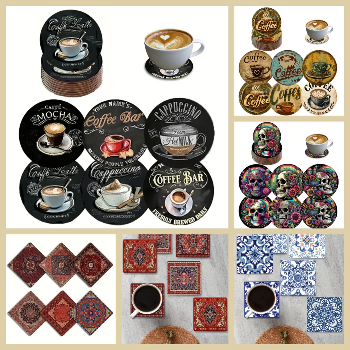 6 Anti-Slip and Heat-Insulating Wooden Coasters with Mandala/Cartoon Patterns, Suitable for Kitchen and Office Festival Gifts