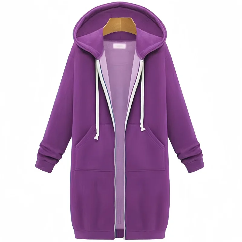 

Autumn Winter Women's Thick Fleece Hoodie Loose Fashion Versatile Top Solid Color Long Sleeve Hooded Zipper Cardigan Long Coat