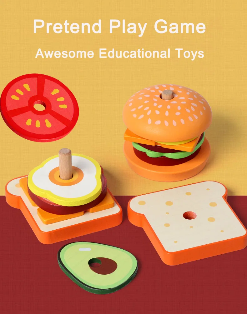 Holz Burger Sandwich Stapeln Spielzeug Montessori Pädagogisches Spielzeug Pretend Spielen Lebensmittel Puzzle Spielzeug Für Kinder Entwickeln Feinmotorik – Detail 1