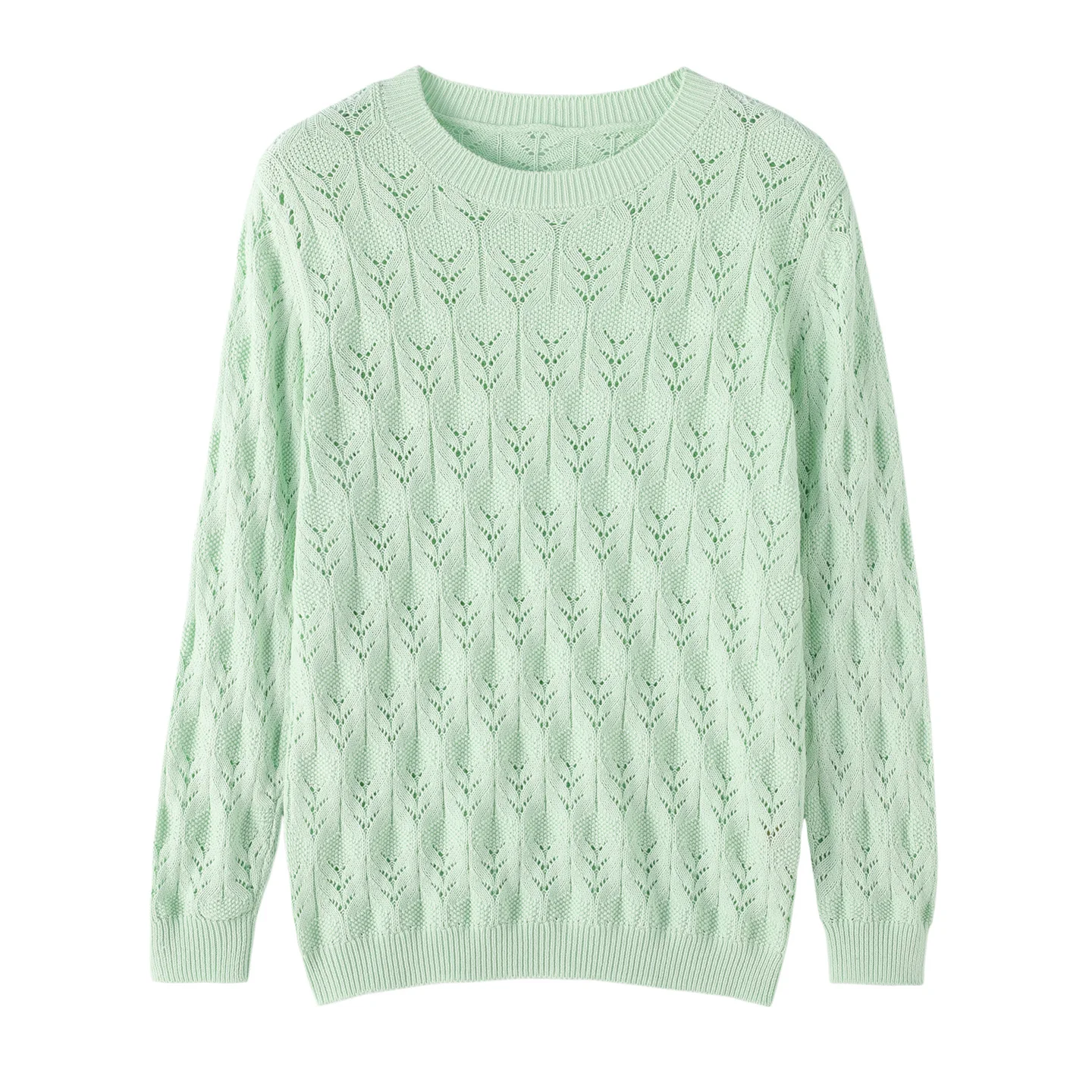 New Women Knit Top 100% Cotton Hollow Out O- Neck Pullover Loose  Solid Color And Soft Long Sleeve Casual Daily Wear Tops