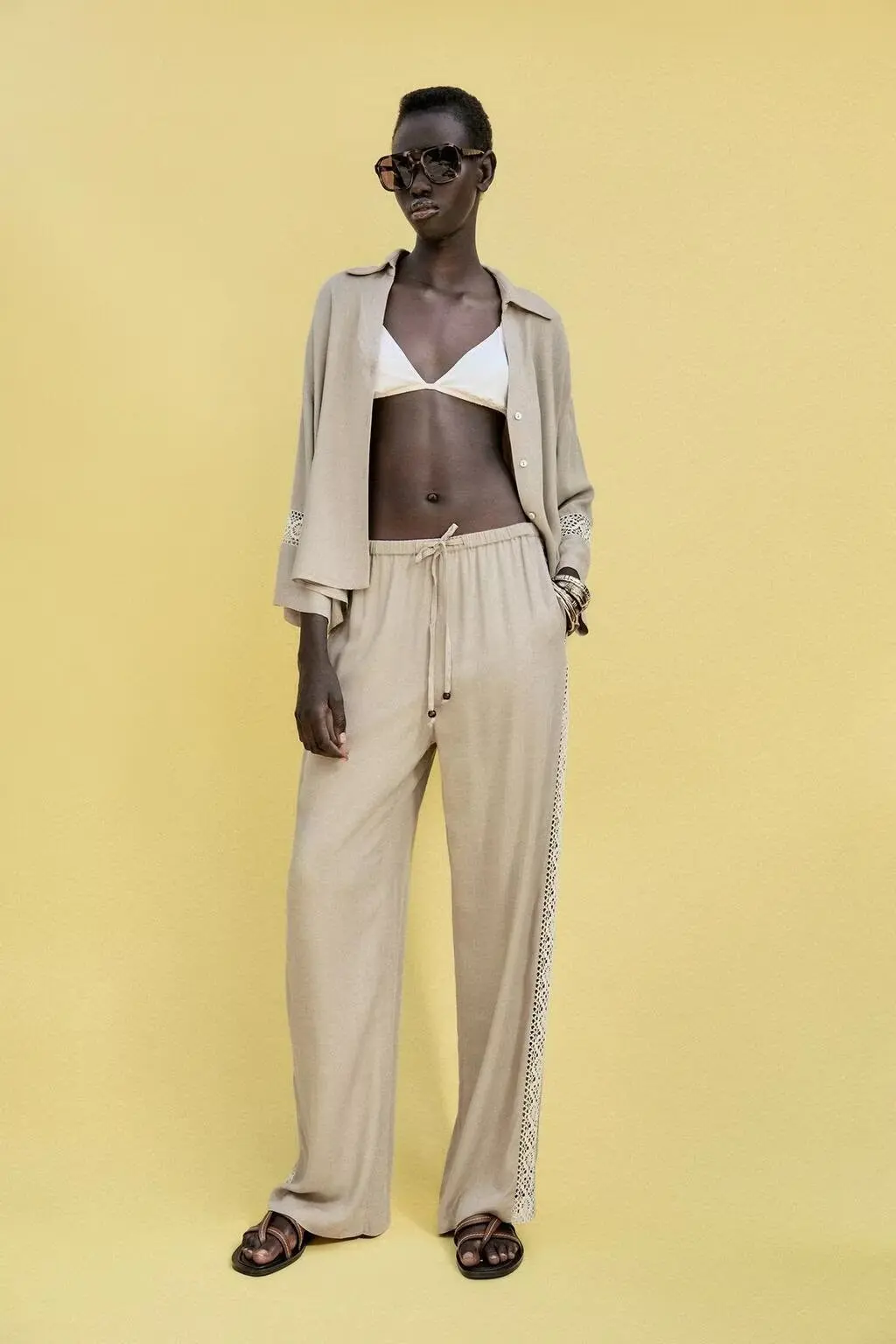 

BB6480 Za25 Summer New Women's Clothing Mid Waist Side Embroidered Strip with Wide Leg Casual Pants 3293585