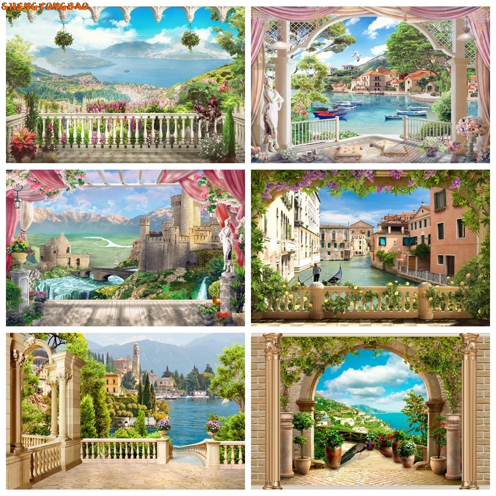 

Beach Seaside Balcony Holiday Party Decor Backdrop for Photography Bay Town Buildings Flowers Landscape Scenery Photo Background