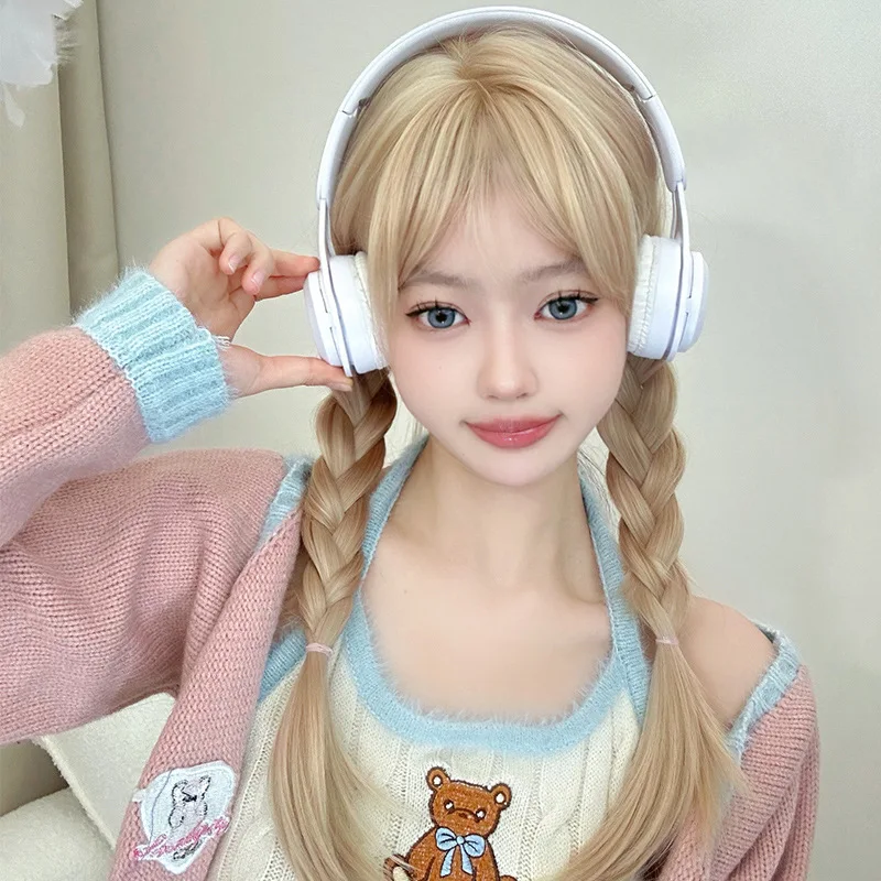 Blonde Synthetic Wigs with Bangs for Woman Long Body Wave Hair Cosplay Lolita Party Natural Heat Resistant Wigs Fiber Daily Hair