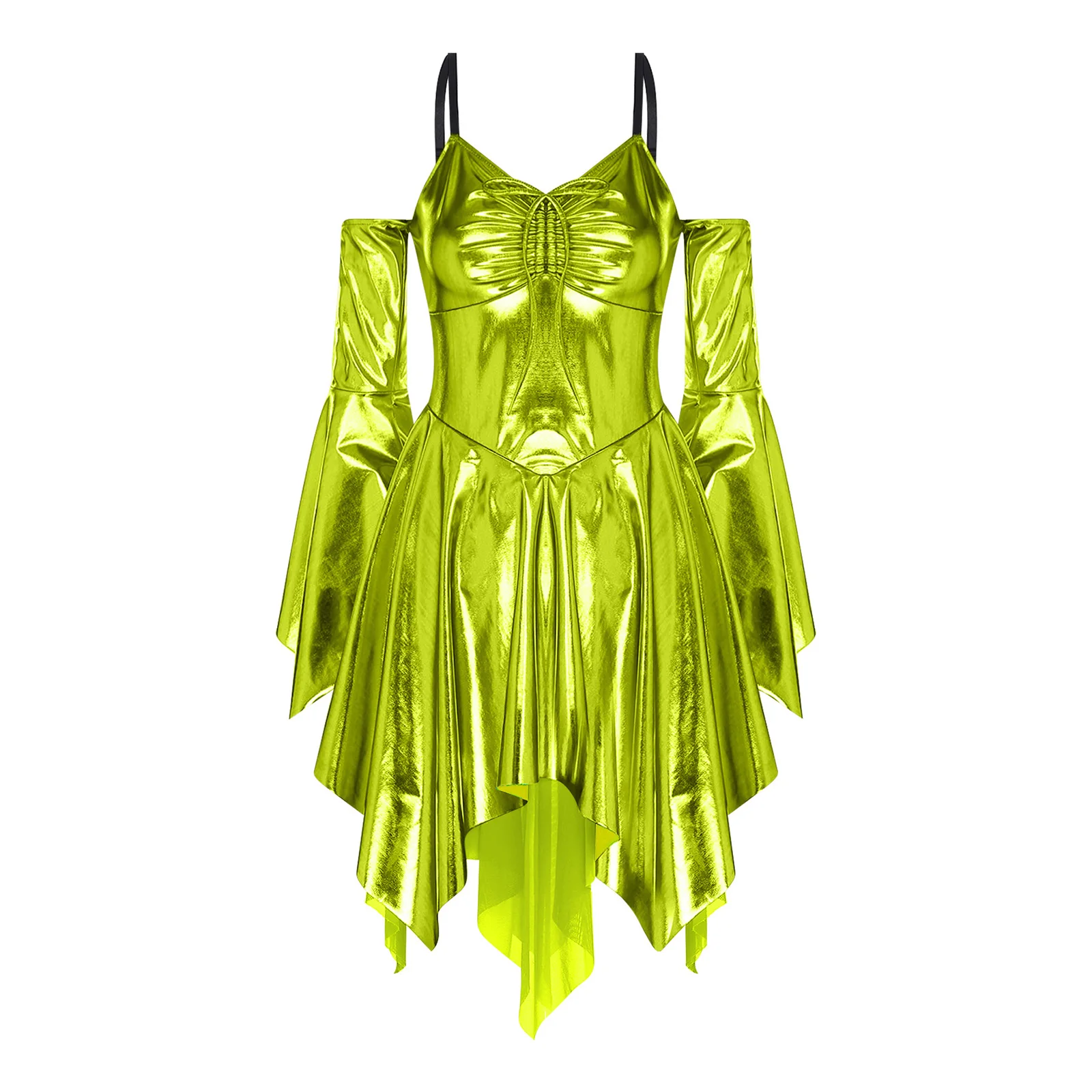 فستان كاميس نسائي معدني بكتف بارد وأكمام طويلة مع أصفاد واسعة فستان على شكل حرف a للحفلات والنوادي الليلية ملابس ذات مظهر عالي #1