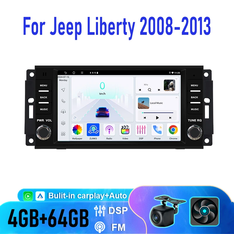 7 "4 + 64GB لسيارة جيب ليبرتي 2008-2013 راديو السيارة جوجل خريطة أندرويد 15 وحدة رأس تلقائية لاسلكية Carplay نظام تحديد المواقع عجلة القيادة التحكم
