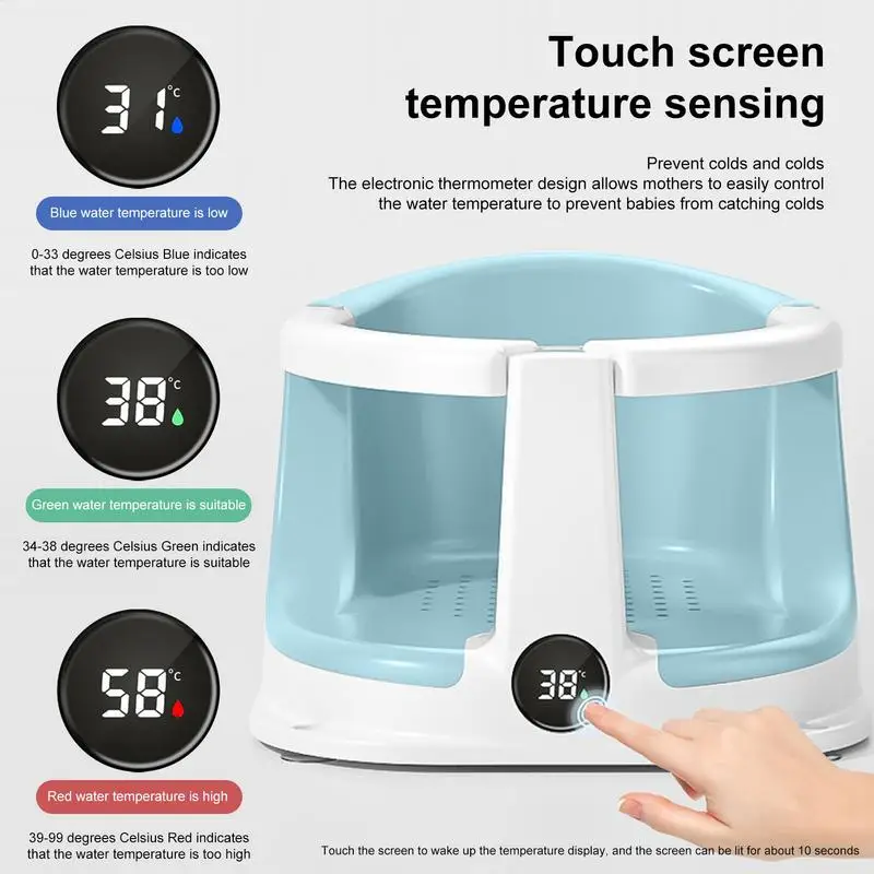مقاعد حمام للأطفال الصغار كرسي جلوس مقعد استحمام للأطفال قابل للطي لدعم كامل الجسم مبطن مع مستشعر درجة الحرارة لعمر 0-3 سنوات