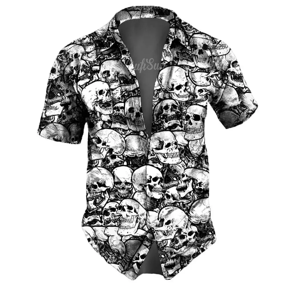 Men\'s casual Hawaiian lapel 3D horror skull retro printed button short sleeved shirt