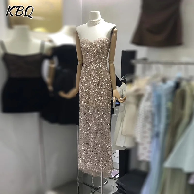 

KBQ Solid Backless Slimming Sequins Dresses for Women Strapless Sleeveless High Waist Temperament Dress Female Fashion Style New