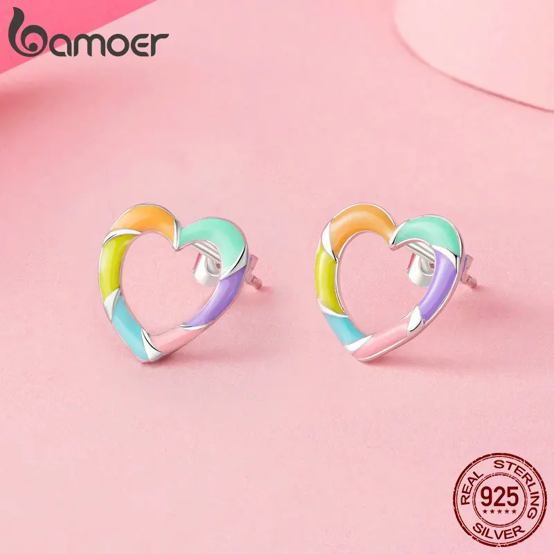 BAMOER Pendientes de aro con forma de corazón arcoíris chapados en oro blanco, joyería de caramelo delicada y bonita de Plata de Ley 925 para mujeres y niñas