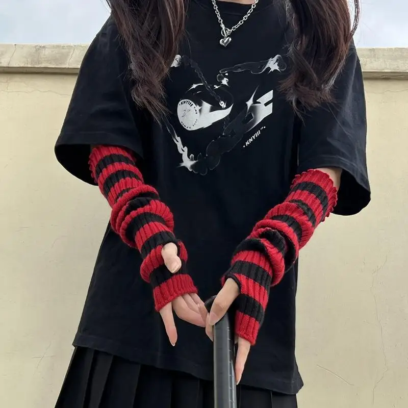 شتاء دافئ طويل الأكمام القوطية مخطط محبوك الصوفية الذراع أدفأ أصابع قفازات للنساء في الهواء الطلق جهاز تدفئة للذراع قفازات #2