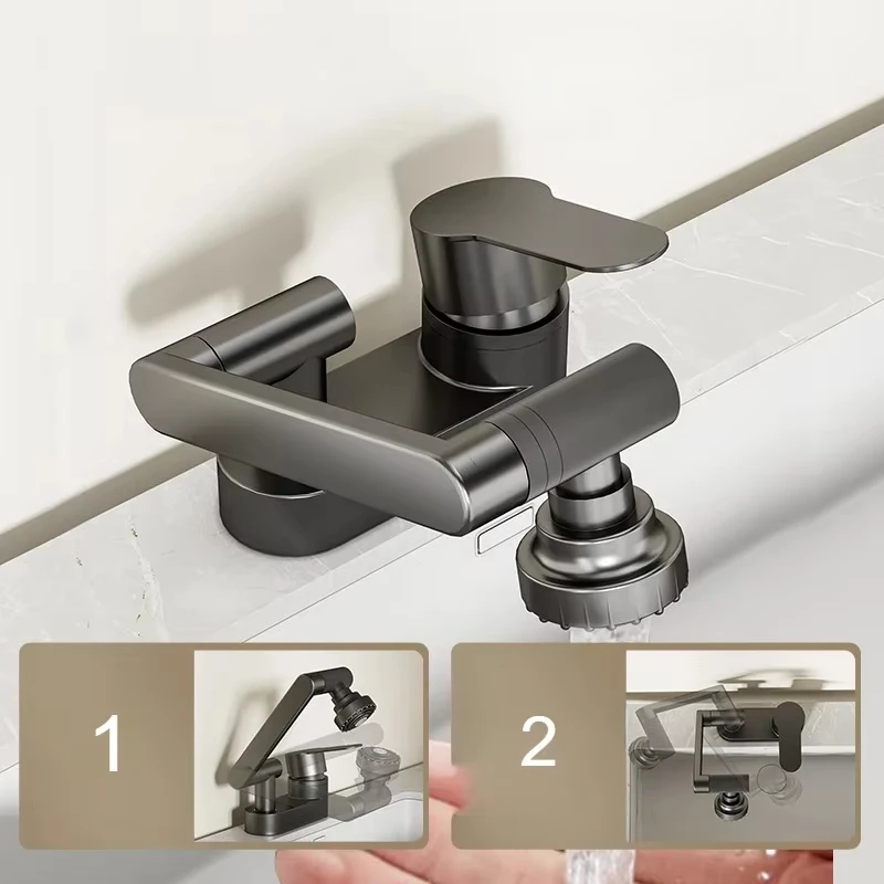 Grifo de baño gris pistola، grifo de agua fría y caliente de doble orifcio، lavabo de dos velocidades، valvula mezcladora girat