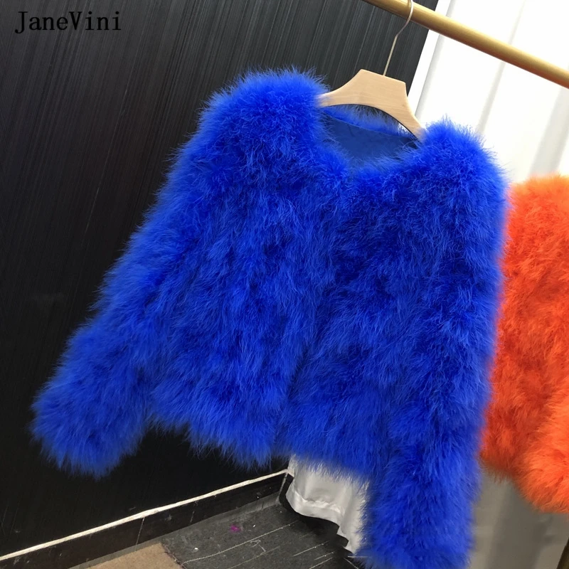 JaneVini Luxury Royal Blue Ostrich Feather Bridal Faux Fur Shawl Wrap Wedding Cape Bolero Women Jacket Winter Evening Coat Cloak