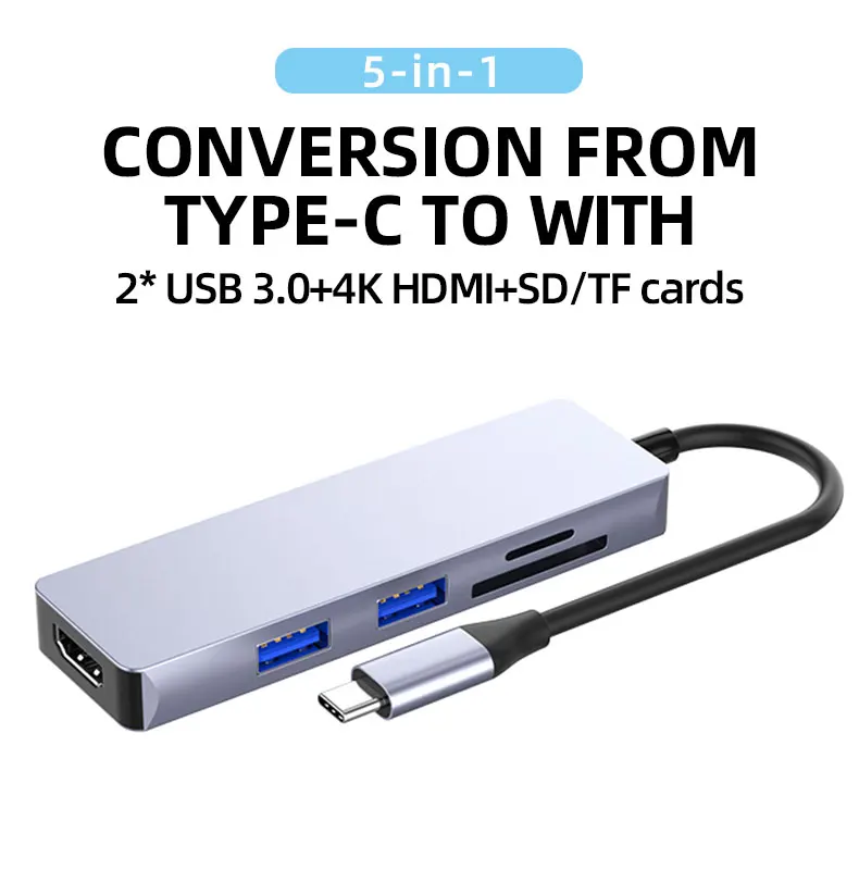 5 in 1 Type‑C Docking Station, Aluminum Alloy Multiport Adapter with Dual SD TF Card Reader, Portable USB‑C Hub for Laptops, PC